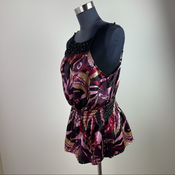 Purple Silk Floral Print Cinched Sleeveless Beaded Blouse - Picture 2 of 9